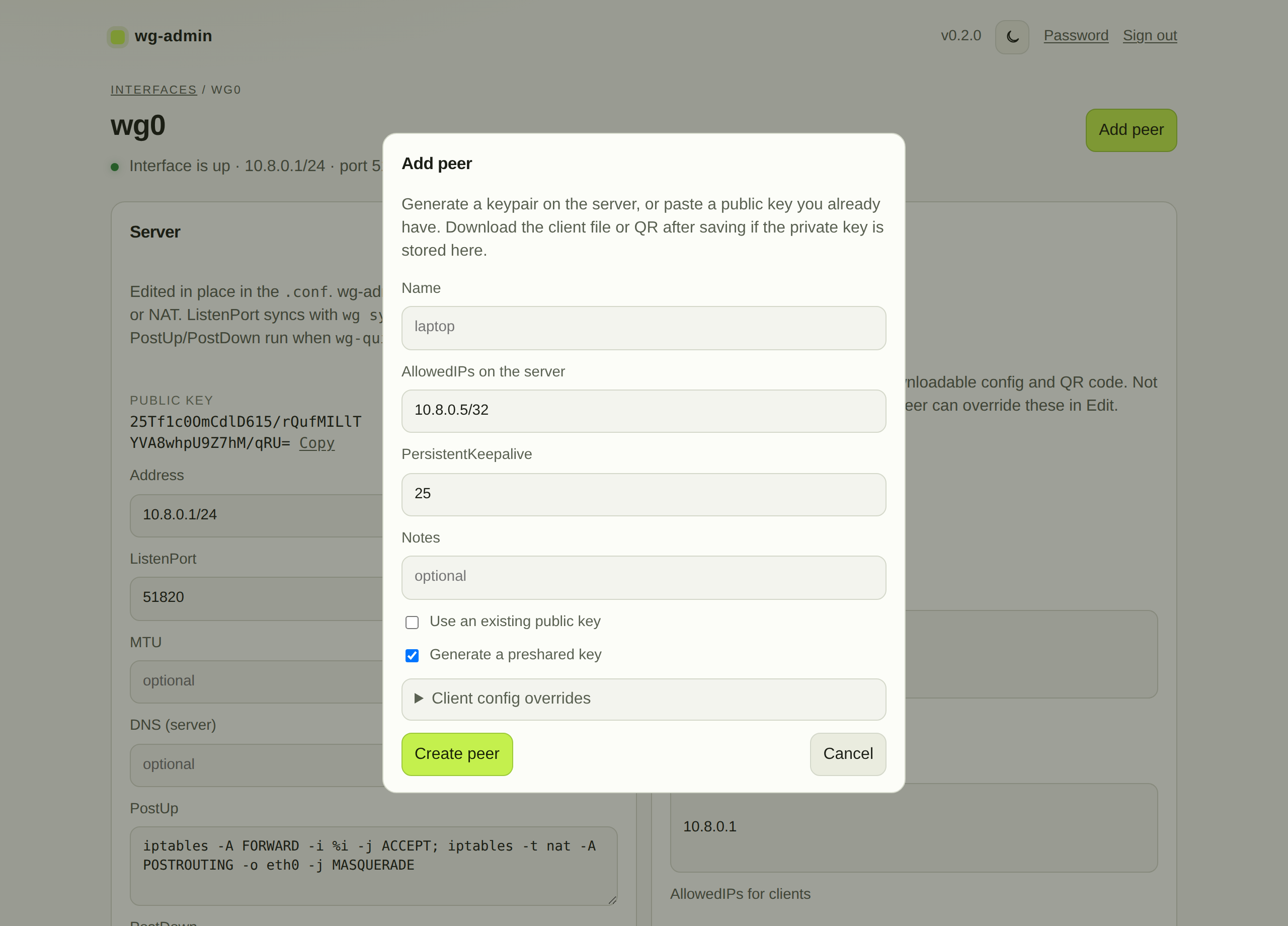 Add peer dialog with name, AllowedIPs, existing public key option, and client overrides