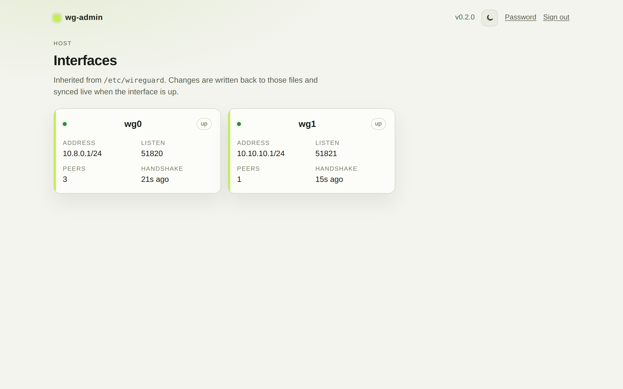 Dashboard listing wg0 and wg1 inherited from /etc/wireguard