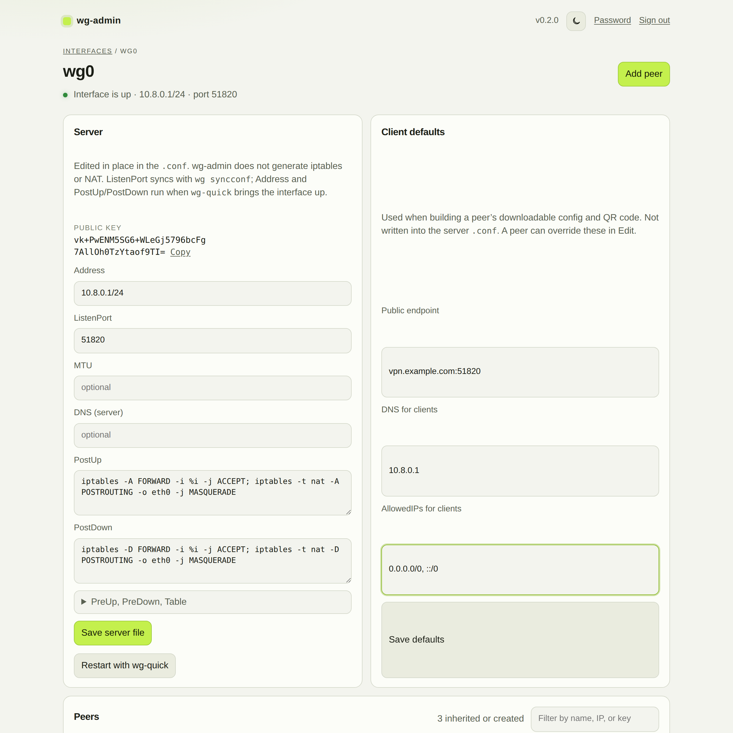 wg-admin wg0: server Address and PostUp editable in place, peers with handshake and disable