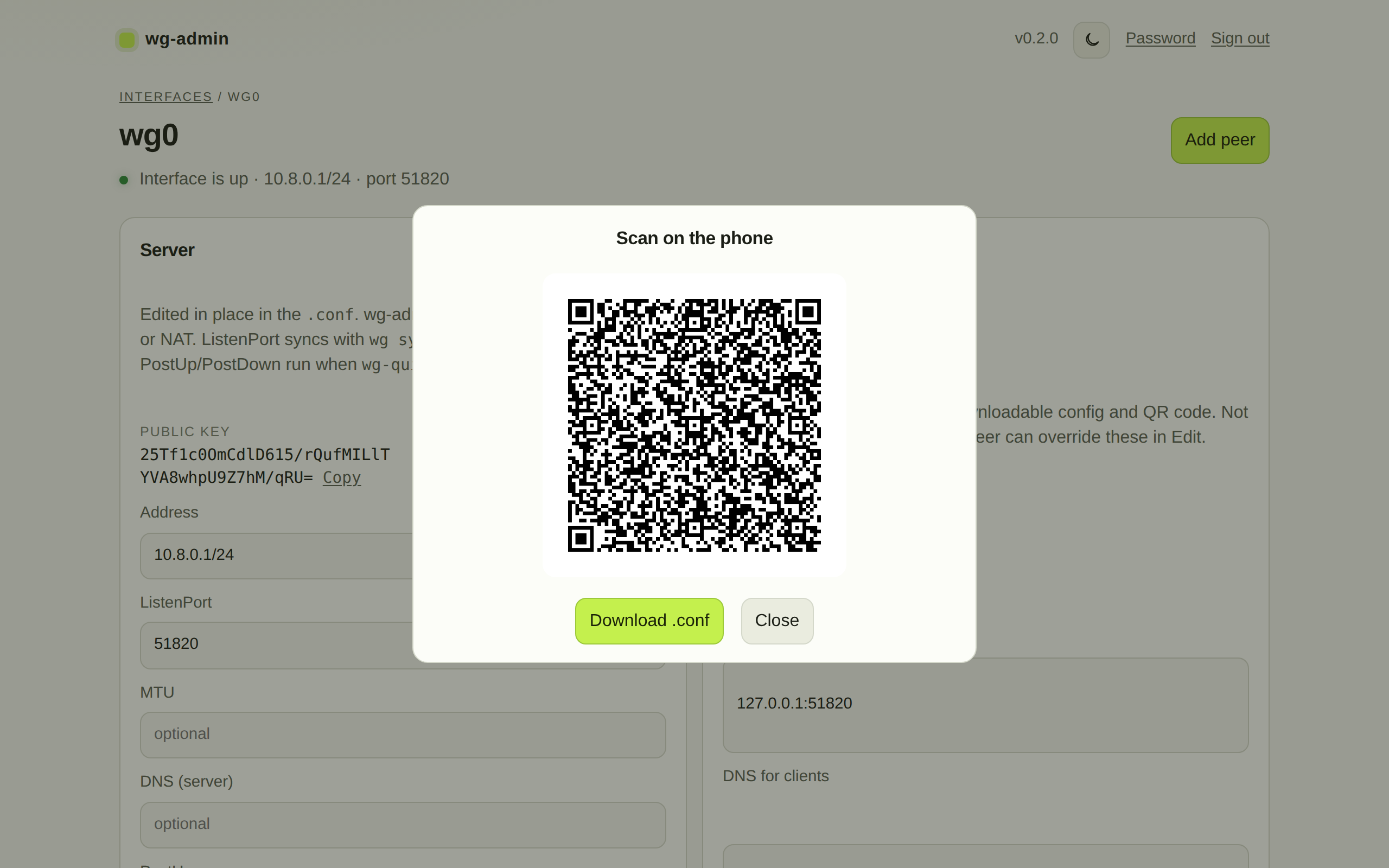 QR code modal to scan a new client config on a phone