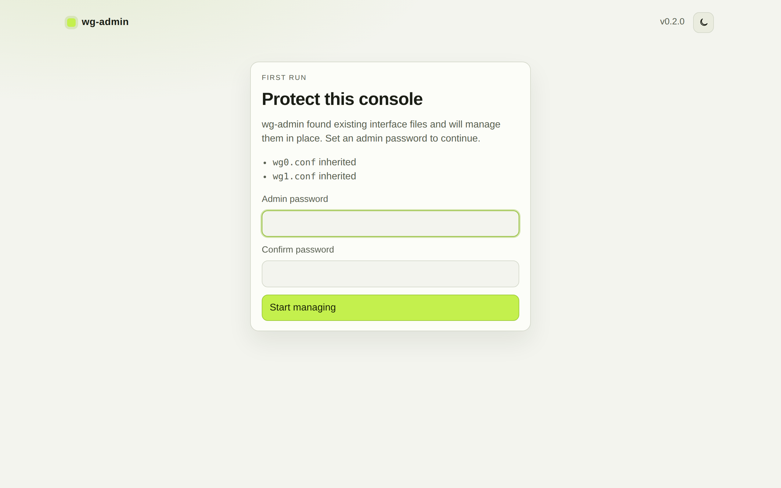First-run setup: set an admin password after loading wg0.conf and wg1.conf